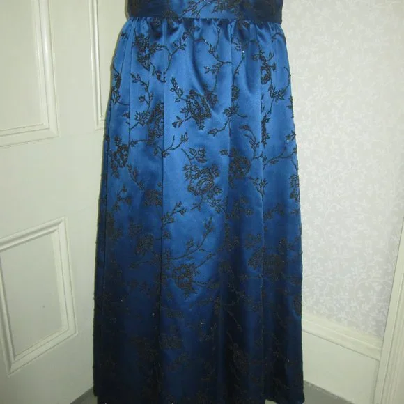 Chetta B Evening full length royal blue satin skirt w black beaded roses, sz 12